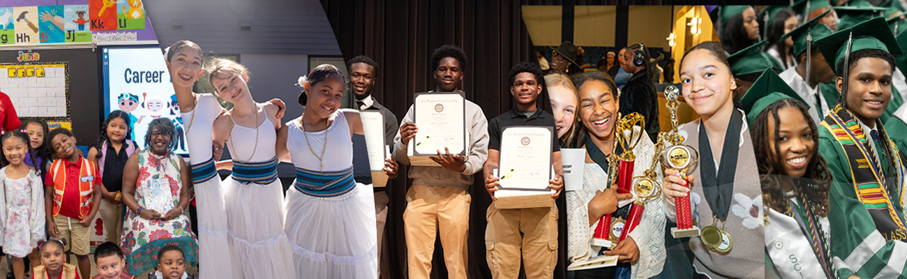 collage students of various ages at events, awards programs, and graduation