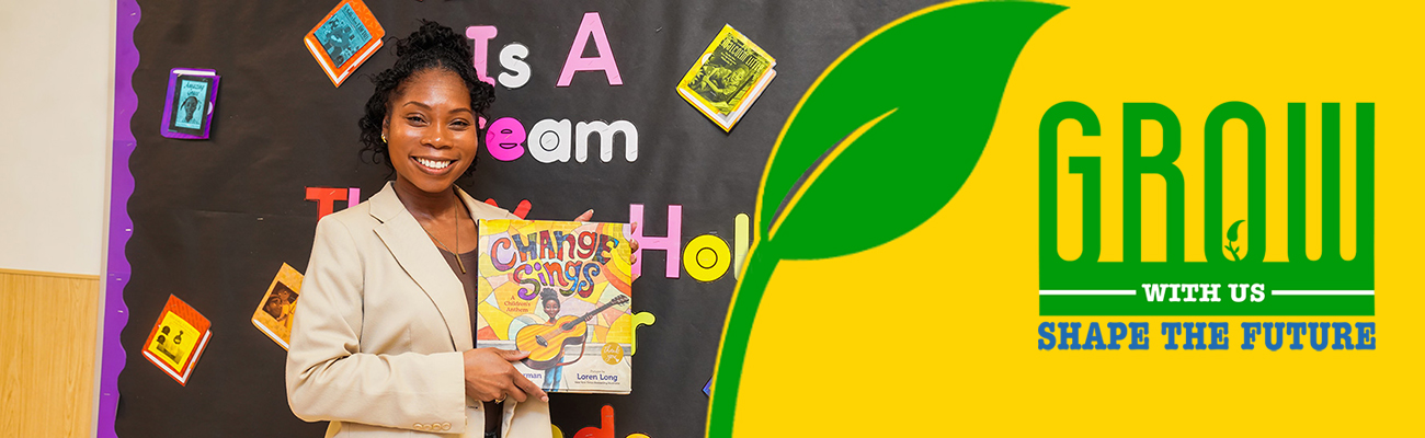 teacher holding a book and Grow With Us graphic
