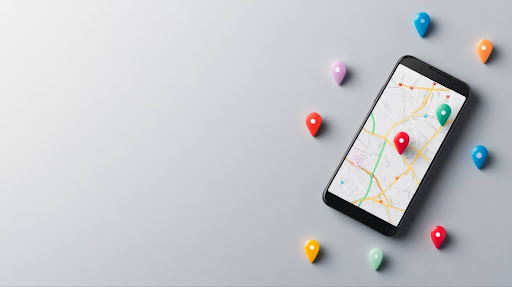 cell phone with map pin-points