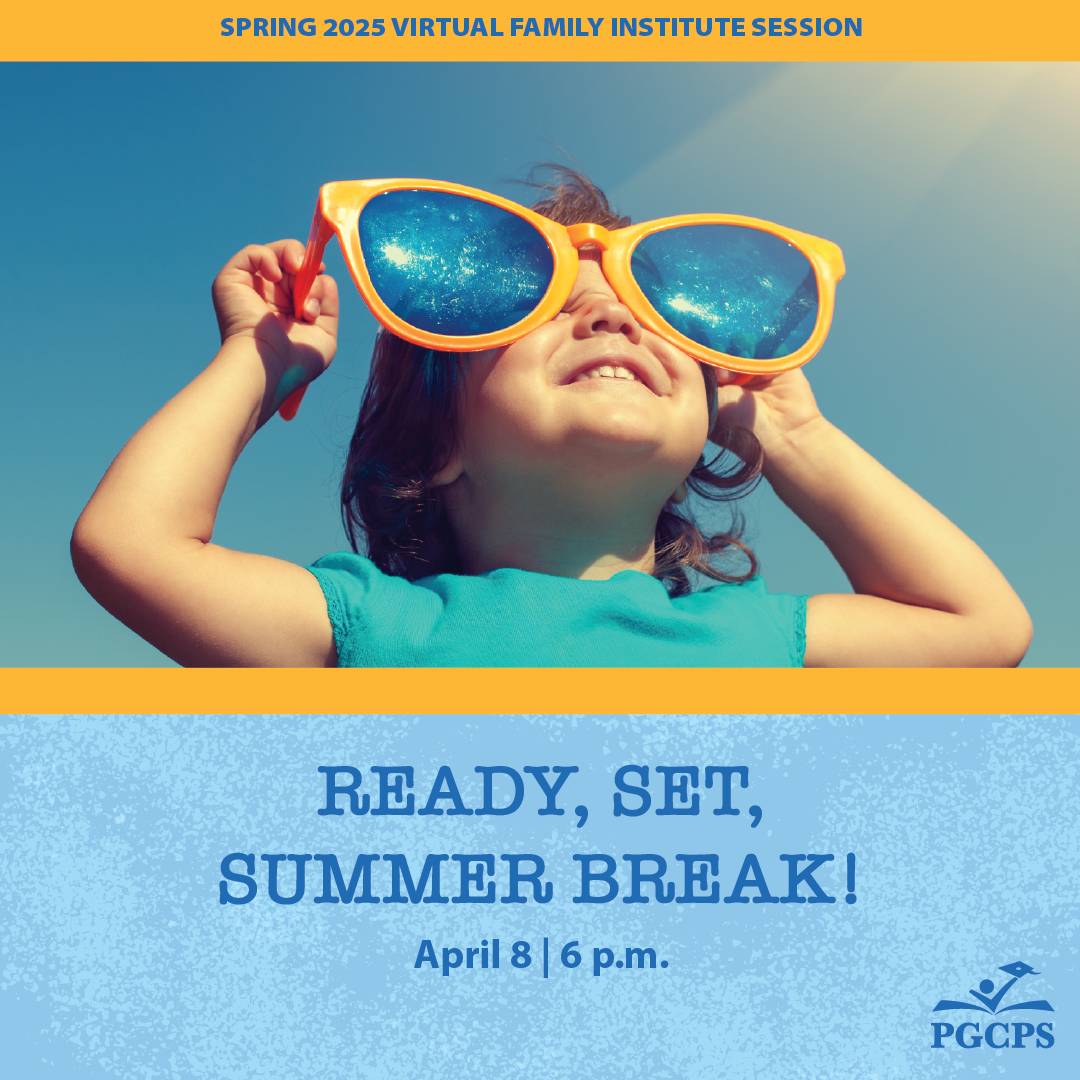 child with sunglasses on Ready, Set, Summer Break April 8 event flyer