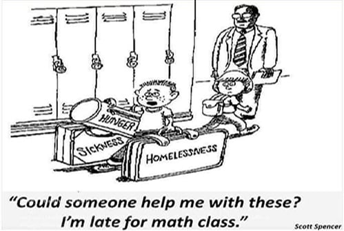 child carrying heavy bags labeled Hunger, Sickness, and Homelessness