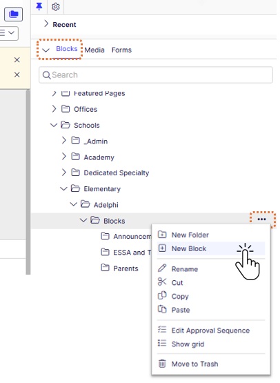 blocks folder options menu - new block
