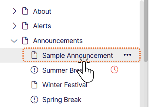 sample announcement page in navigation pane